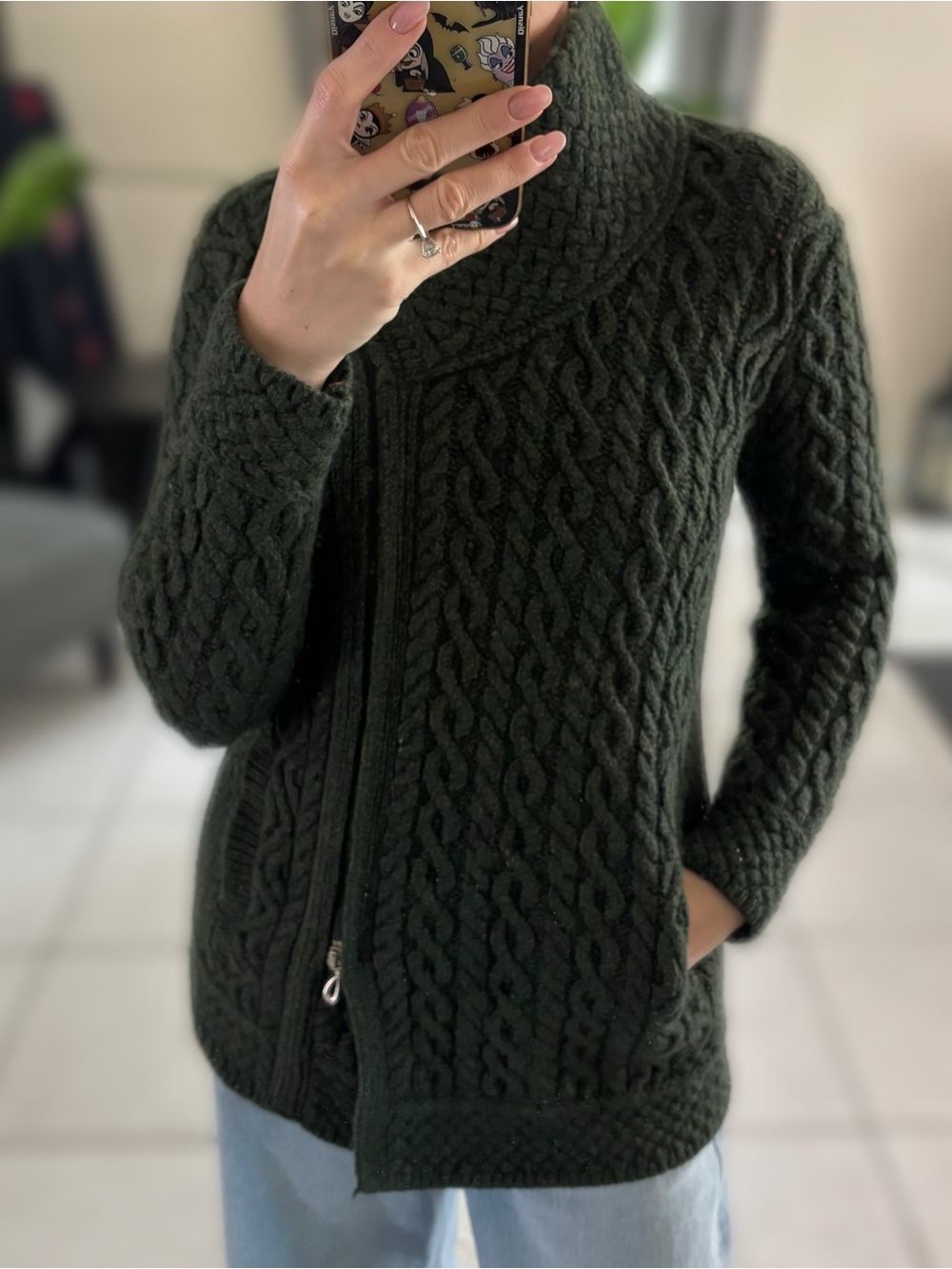 Aran Crafts Dark Green Cable Knit Zip-Front Women's Cardigan jacket Sz XS